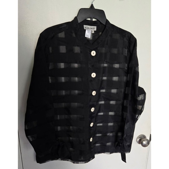 à la carte Tops - A La Carte Womens XL Black Sheer Striped Button Front Tie Cuff‎ Blouse L10253JM